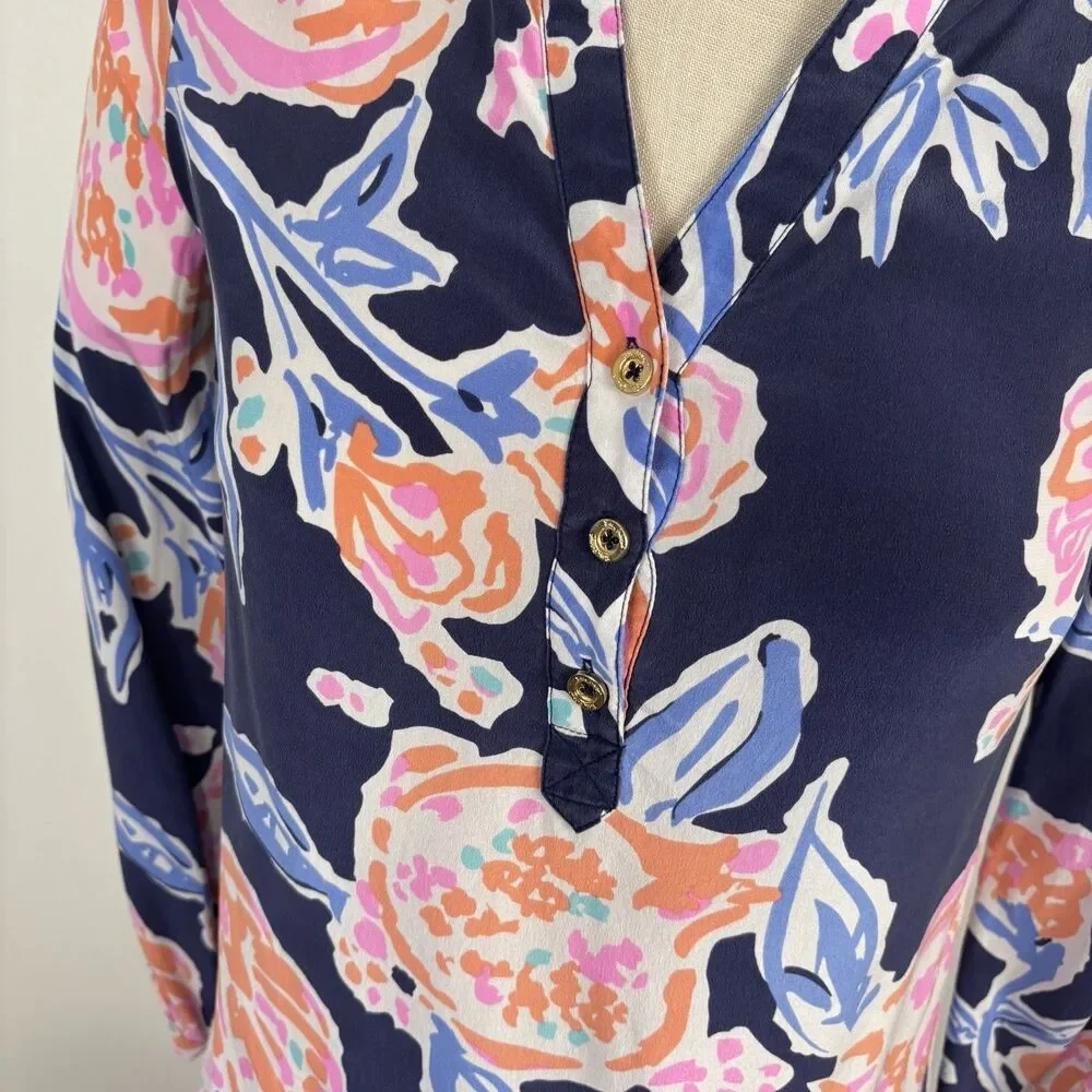Lilly Pulitzer Top XS Navy Floral Alexandra Henley Long Sleeve Bright Pom Pom